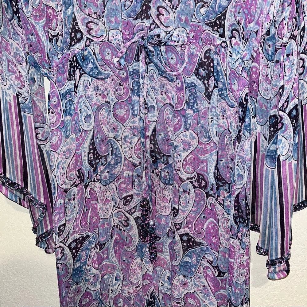 Calypso St. Barth 100% Silk Sheer Bead Boho Y2K Paisley Kimono Maxi Dress SZ 1 - Picture 6 of 15